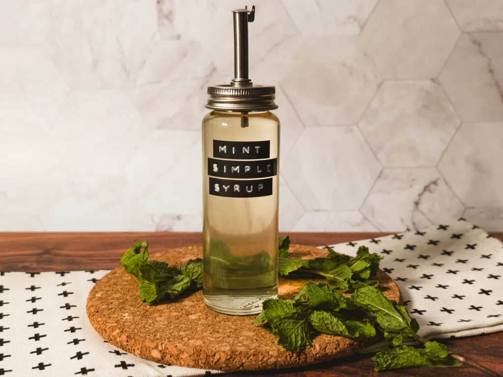 Bottle of mint simple syrup.