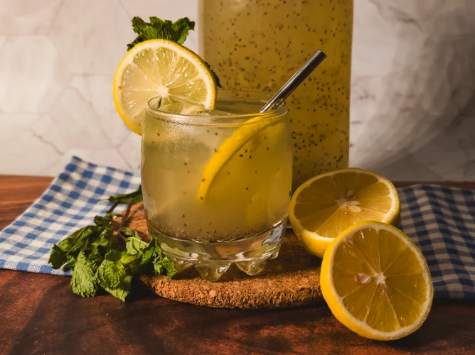 Coconut chia lemonade with mint syrup.
